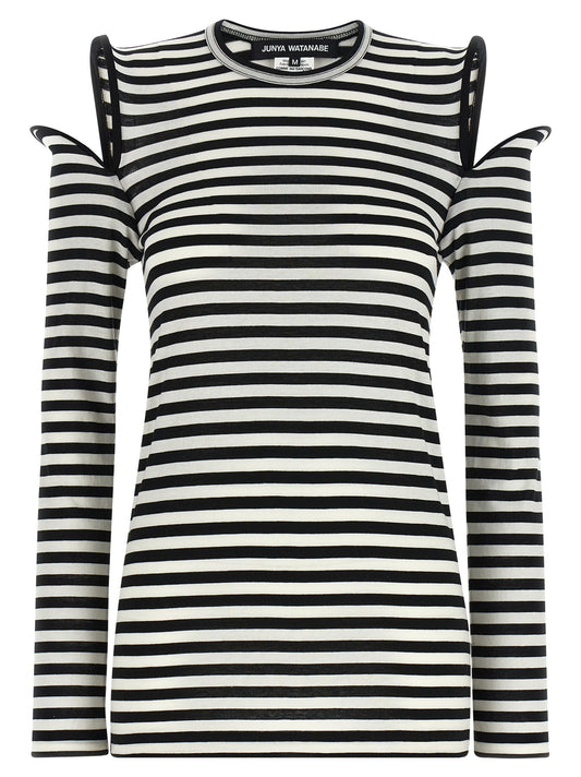 T-Shirt by Junya Watanabe for women in cotton bicolour, black, white & striped features an on trend silhouette, perfectly showcasing a on trend long-sleeve and crew neckline for an elevated aesthetic.