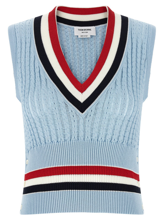Vest by Thom Browne for women in cotton light-blue features an contemporary silhouette, showcasing refined and a contemporary v-neck neckline for a sophisticated layered look.