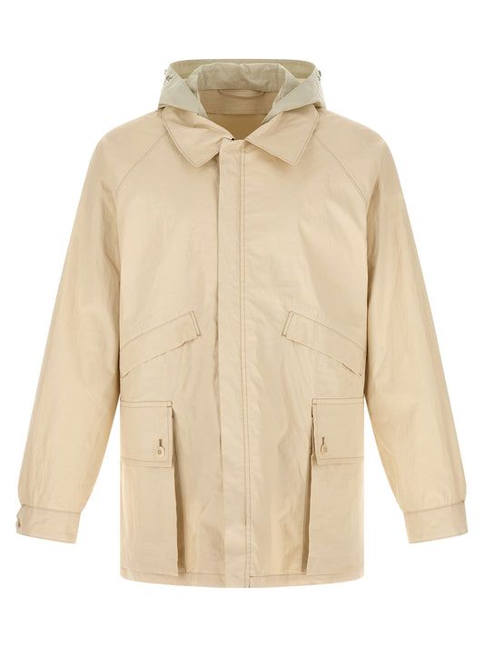 Hooded Windbreaker Jacket by Lemaire for men in polyurethane linen & cotton beige features an enduring silhouette, showcasing technical water-resistant, pockets, hooded & windproof and a sophisticated hooded shirt-collar neckline for a truly enduring aesthetic.