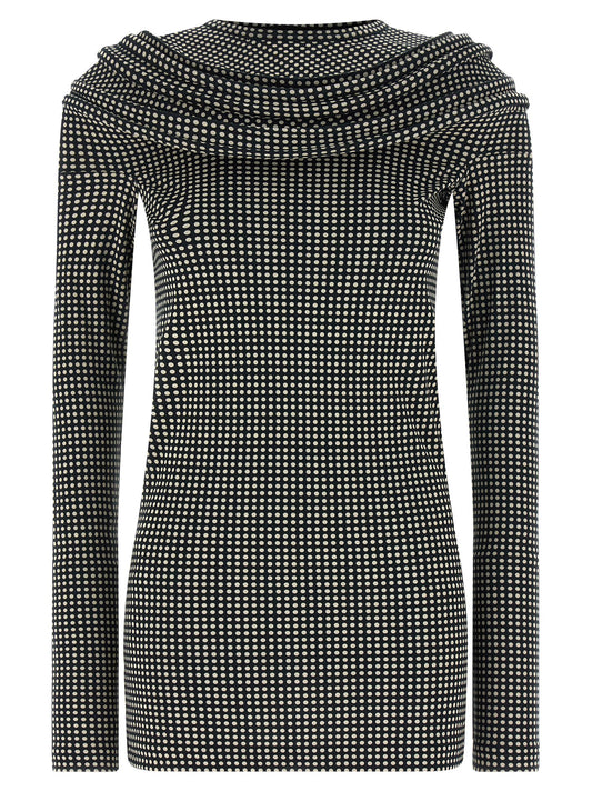 Dress by Junya Watanabe for women in cotton bicolour, black, white & patterned showcases a striking silhouette, elegantly detailed with a long-sleeve, refined crew neckline, and a striking short mini for a striking finish.