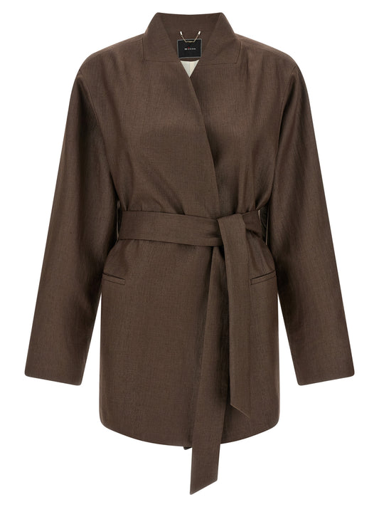 Blazer by Kiton for women in linen & polyamide brown presents a distinguished silhouette, detailed with a distinguished shawl-collar neckline and distinctive for a truly sophisticated finish.