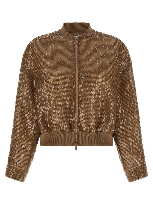 Cardigan by Brunello Cucinelli for women in silk & sequins brown presents a textural silhouette, artfully finished with a textural and long-sleeve for a sophisticated, textural look.