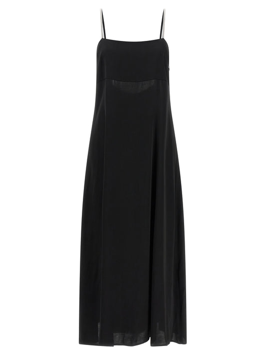 Dress by Peserico for women in viscose satin & rhinestone black features a dramatic silhouette, showcasing an elegant and that flows into a dramatic maxi long.