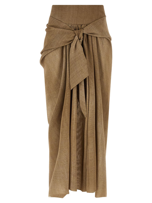 Skirt by Ermanno Scervino for women in denim & polyester beige, sand & print features a sublime silhouette, showcasing the sublime design of the Women's Denim Asymmetrical & Polyester Skirt in a sophisticated mini.