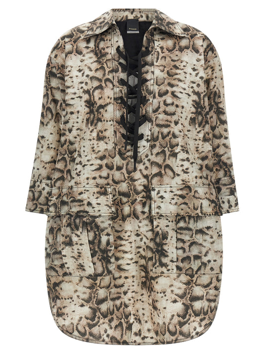 Dress by PINKO for women in cotton gray & print presents a sinuous silhouette, showcasing a sophisticated and three-quarter-sleeve detailed with a sinuous short mini for a refined finish.