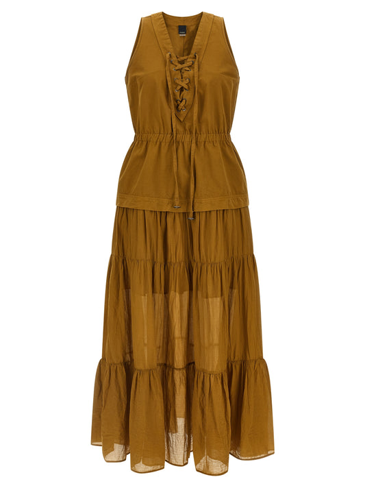 Dress by PINKO for women in cotton brown presents a sinuous silhouette, showcasing a sophisticated v-neck neckline and sleeveless detailed with a sinuous long for a refined finish.
