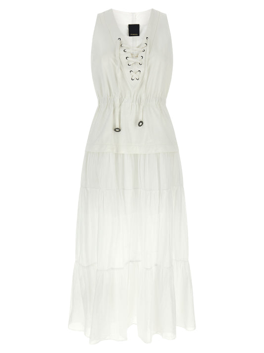 Dress by PINKO for women in cotton white features an eye catching silhouette with a sophisticated v-neck neckline, elegant sleeveless, and a refined long for a eye catching aesthetic.