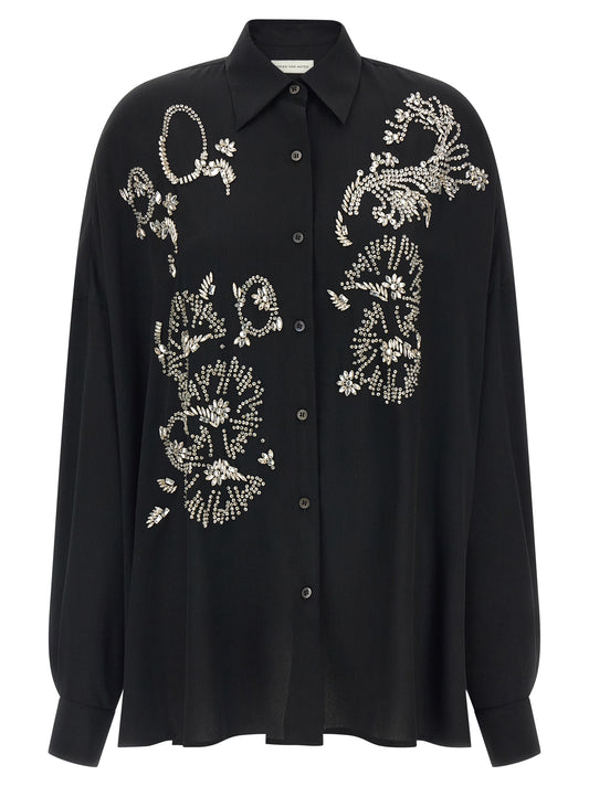 Blouse by Dries Van Noten for women in polyester & crystal black showcases a sharp silhouette, elegantly detailed with a sharp and sharp long-sleeve.