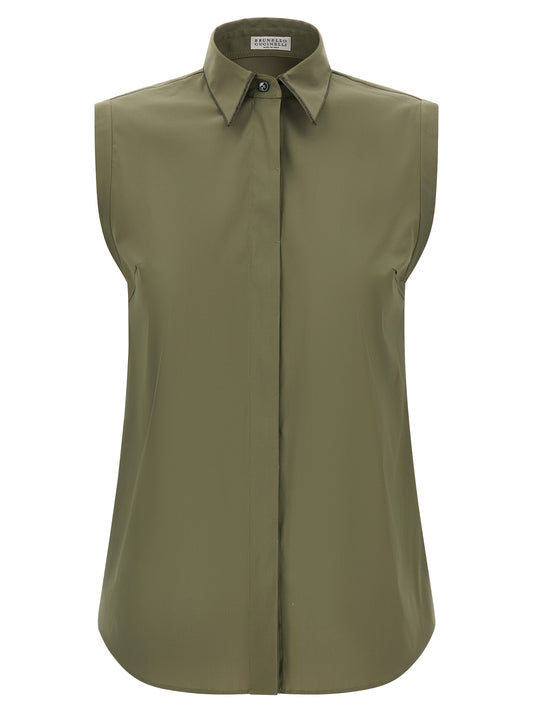 Blouse by Brunello Cucinelli for women in stretch polyamide cotton bicolour & green features an architectural silhouette with a refined sleeveless and elegant for a architectural look.