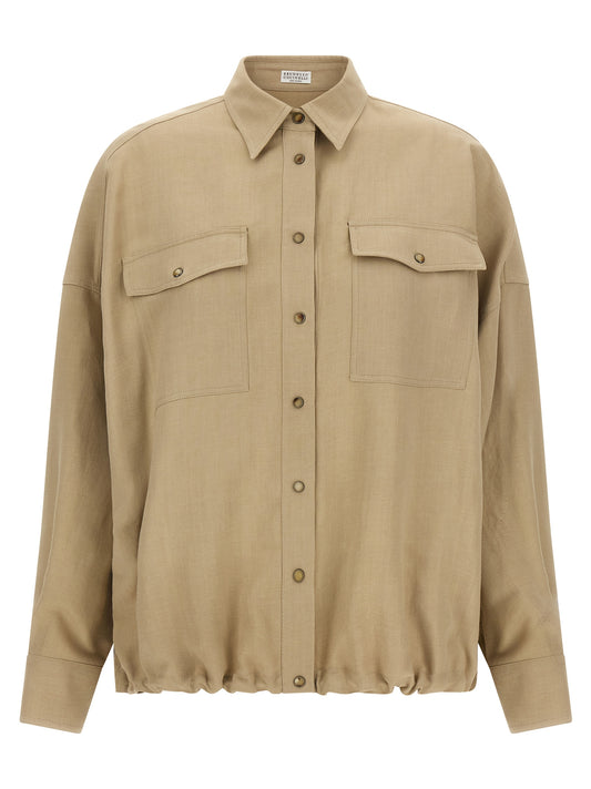 Blouse by Brunello Cucinelli for women in linen & viscose beige, featuring a nuanced long-sleeve and nuanced for a sophisticated finish.
