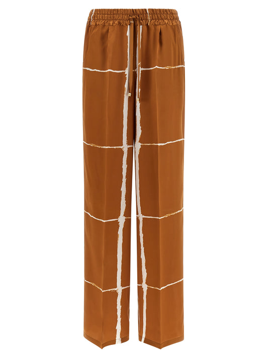 Kiton Women's Straight Leg Wide Silk Satin Trousers - Brown Patterned