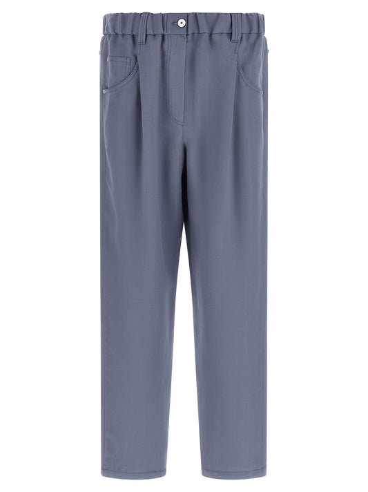 Casual Pants by Brunello Cucinelli for women in viscose linen twill blue features a polished silhouette with a polished relaxed-fit, reaching a polished long and finished with a polished .