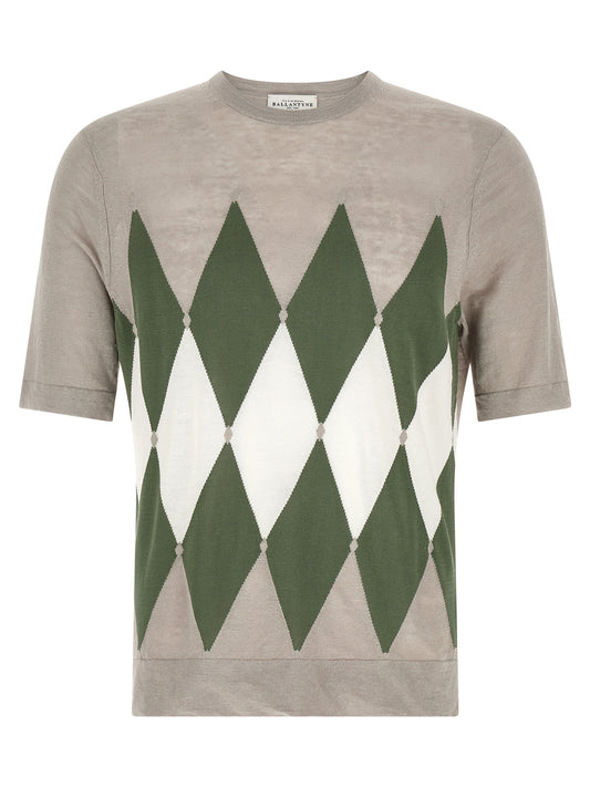T-Shirt by Ballantyne for men in linen & cotton gray, patterned, argyle & jacquard features a plush silhouette, showcasing a sophisticated crew neckline and short-sleeve for a truly plush finish.