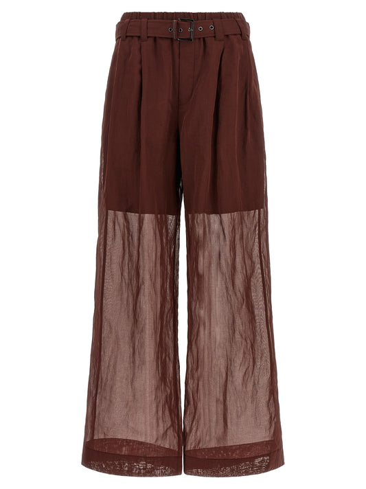 Trousers by Brunello Cucinelli for women in cotton & silk bordeaux & transparent presents a smart silhouette, meticulously detailed with a smart flared & wide, a smart long, and a smart high rise.