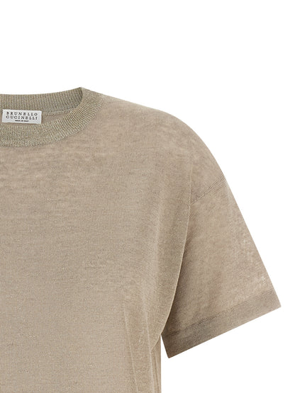 Cardigan by Brunello Cucinelli for women in linen polyamide & viscose beige, transparent & signature showcases a captivating silhouette, artfully detailed with a captivating and for a truly sophisticated captivating look.