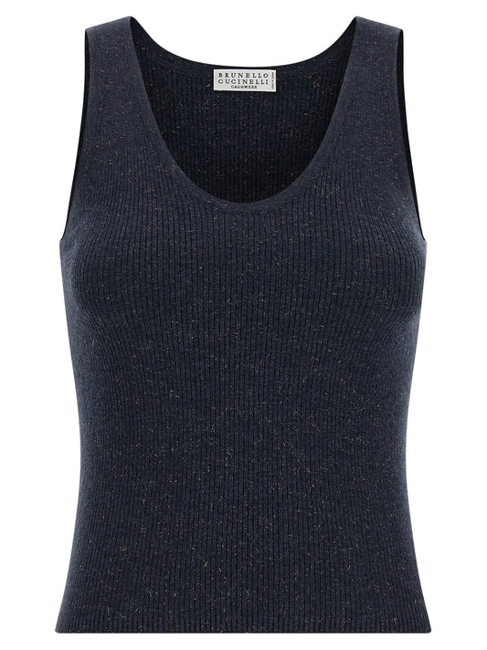 Brunello Cucinelli Blue Cashmere Sleeveles T-Shirt