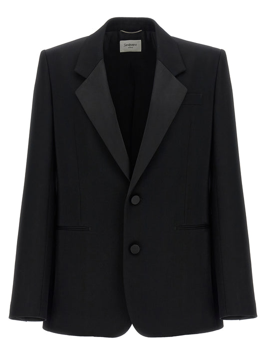 This Blazer by Saint Laurent for men in wool silk satin black presents a tailored silhouette, meticulously tailored with a tailored split neckline and distinctive for a tailored finish.