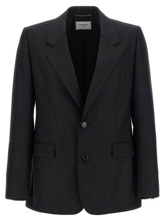 Blazer by Saint Laurent for men in wool & silk black & pinstripe showcases a polished silhouette, highlighted by a refined split neckline and polished for a sophisticated finish.