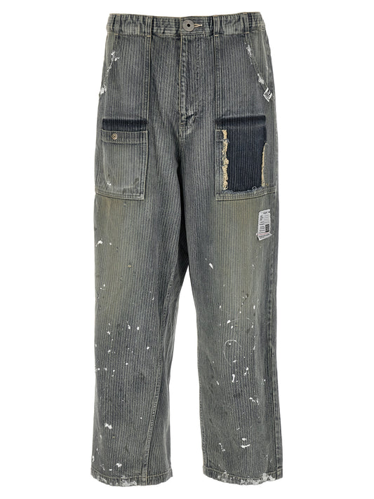 Jeans by Maison Mihara Yasuhiro for men in cotton denim & patent leather blue, jacquard & striped features an sartorial tapered-leg & wide and long with a cut for a sartorial finish.
