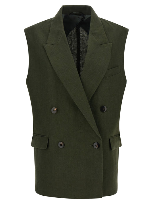 Vest by Max Mara for women in viscose linen & cupro bicolour, green & horn showcases a utilitarian silhouette, artfully incorporating pockets and a utilitarian split neckline for a truly utilitarian finish.
