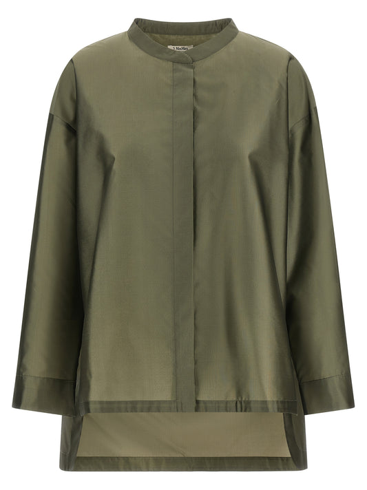 Blouse by S Max Mara for women in polyester & silk bicolour, green & pearl presents a discerning silhouette, showcasing a sophisticated mandarin neckline and long-sleeve for a truly discerning finish.