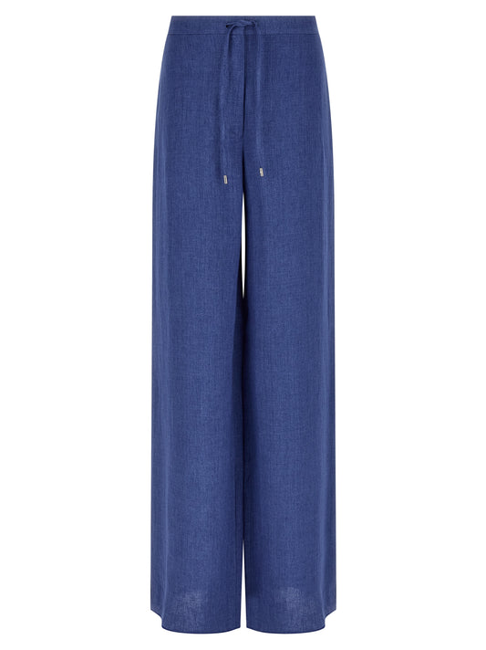 Trousers by Max Mara for women in linen blue presents a perennial silhouette, meticulously tailored with a straight-leg, relaxed-fit & wide cut, long finish, and an elegant .