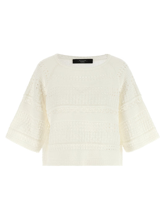 Cardigan by Max Mara for women in cotton white features a dramatic silhouette, showcasing a sophisticated crew neckline and dramatic detail for a timeless, premium look.