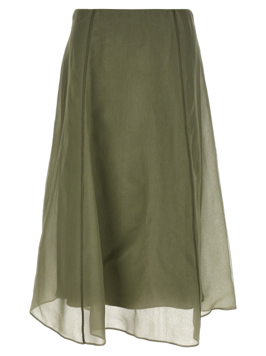 Skirt by Brunello Cucinelli for women in silk crepe bicolour & green features a sublime silhouette, showcasing the sublime design of the Women's Circle Flared Silk Crepe Skirt in a sophisticated midi.