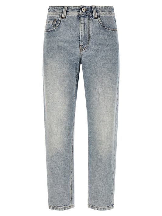 Jeans by Brunello Cucinelli for women in cotton denim light-blue features a polished silhouette with a polished tapered-leg & wide, reaching a polished long and finished with a polished mid rise.