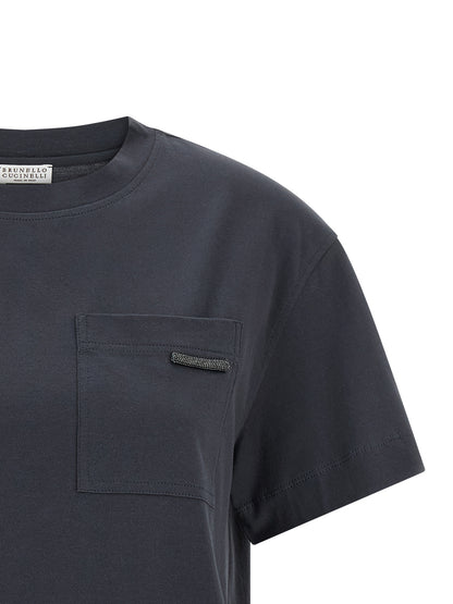 T-Shirt by Brunello Cucinelli for women in cotton blue showcases a chic silhouette, artfully detailed with a chic and for a chic finish.