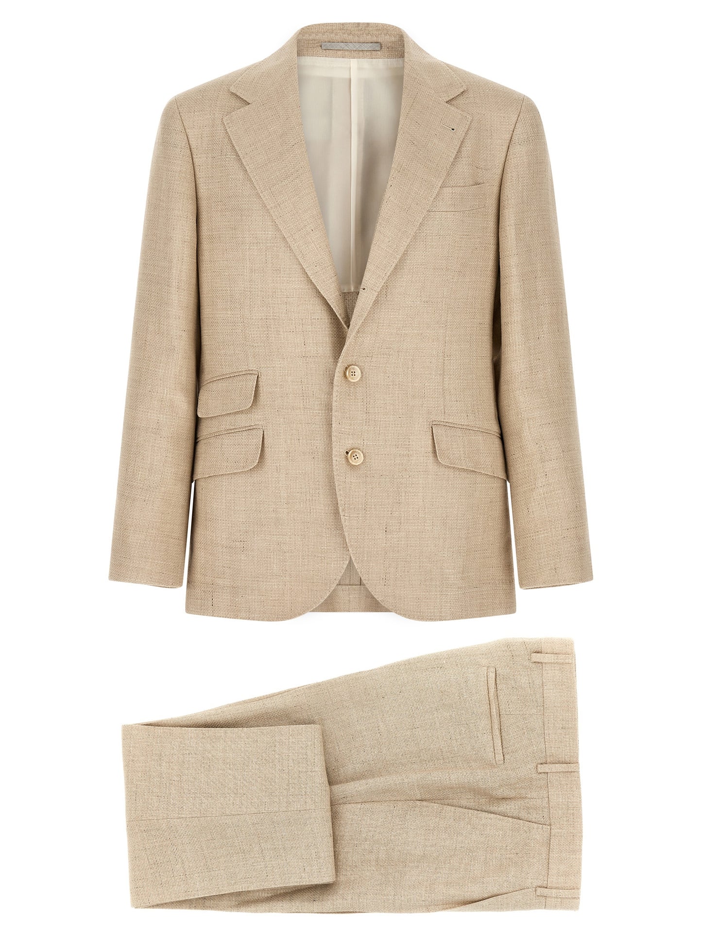 Pant Suit by Brunello Cucinelli for men in linen silk wool beige & horn presents a sublime silhouette, showcasing a sophisticated and a sublime that exemplifies modern elegance.