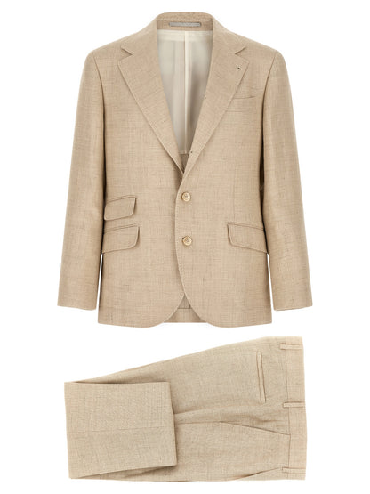 Pant Suit by Brunello Cucinelli for men in linen silk wool beige & horn presents a sublime silhouette, showcasing a sophisticated and a sublime that exemplifies modern elegance.