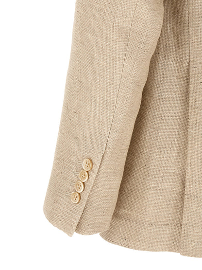Pant Suit by Brunello Cucinelli for men in linen silk wool beige & horn presents a sharp silhouette, artfully finished with a sharp and a sophisticated for a truly sharp look.