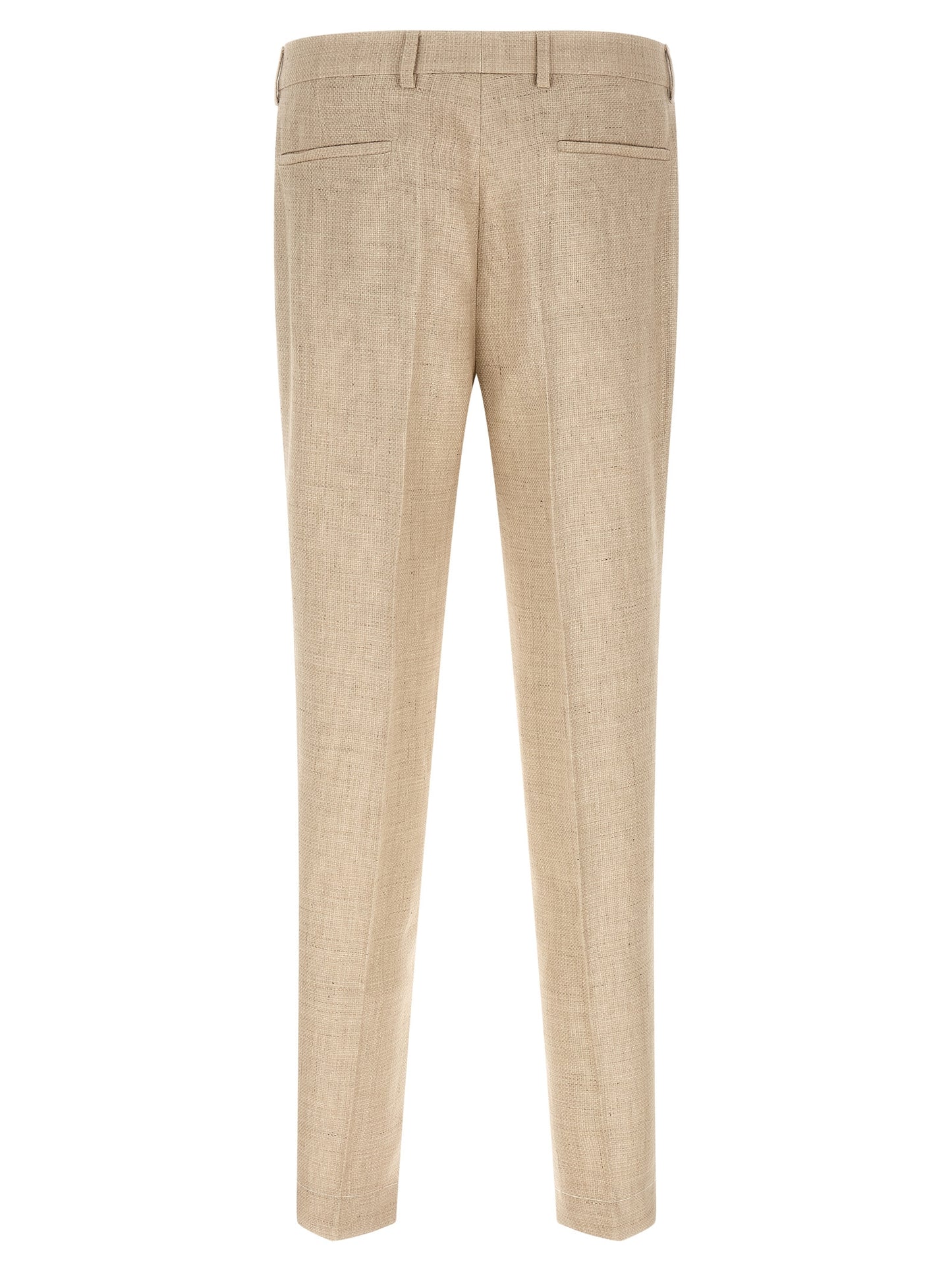 Pant Suit by Brunello Cucinelli for men in linen silk wool beige & horn features a tailored silhouette, showcasing a sophisticated and tailored for a refined, professional look.