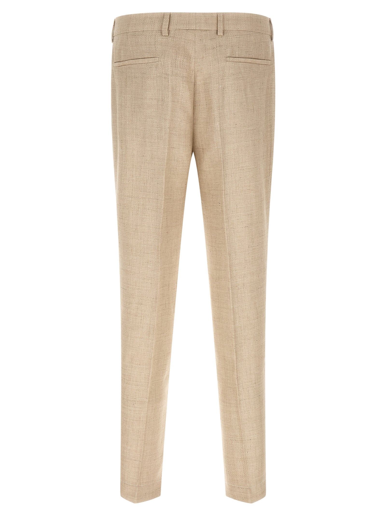 Pant Suit by Brunello Cucinelli for men in linen silk wool beige & horn features a tailored silhouette, showcasing a sophisticated and tailored for a refined, professional look.