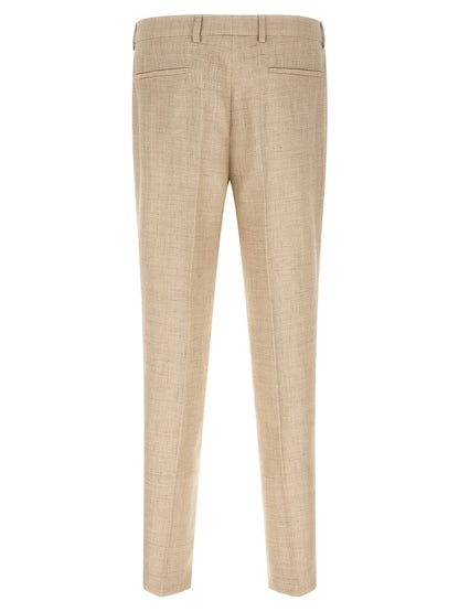 Pant Suit by Brunello Cucinelli for men in linen silk wool beige & horn features a tailored silhouette, showcasing a sophisticated and tailored for a refined, professional look.