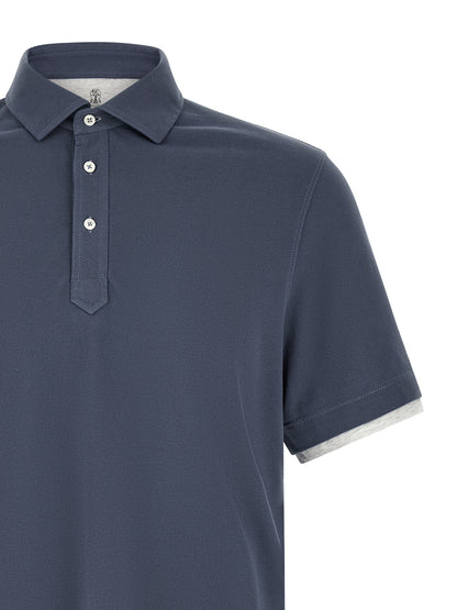 Polo Shirt by Brunello Cucinelli for men in cotton blue showcases a sharp silhouette, detailed with a refined and sharp for a sophisticated finish.