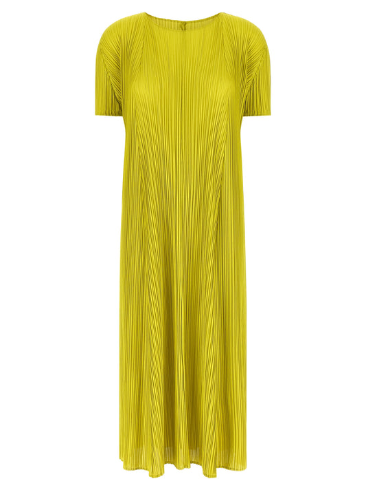 Dress by PLEATS PLEASE ISSEY MIYAKE for women in polyester bicolour & green features an eye catching silhouette with a sophisticated round neckline, elegant short-sleeve, and a refined midi short for a eye catching aesthetic.