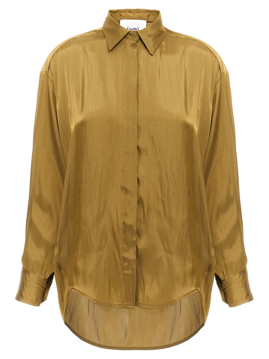 Blouse by NUDE for women in polyester satin gold & nude showcases a sublime silhouette, artfully detailed with a sublime asymmetric neckline and for a sophisticated, sublime finish.