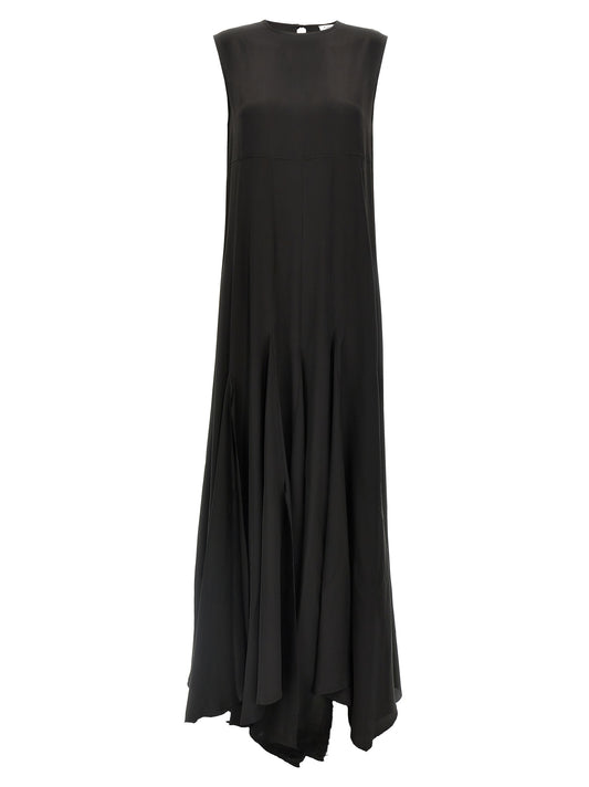 Dress by DI.LA3 PARI' for women in silk crepe black features an eye catching silhouette with a sophisticated crew neckline, elegant , and a refined long for a eye catching aesthetic.