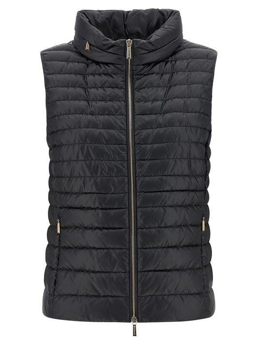 Hooded Vest by MooRER for women in polyester black showcases a dynamic silhouette, perfectly balancing pockets & hooded with a dynamic hooded neckline for a sophisticated, high-fashion look.