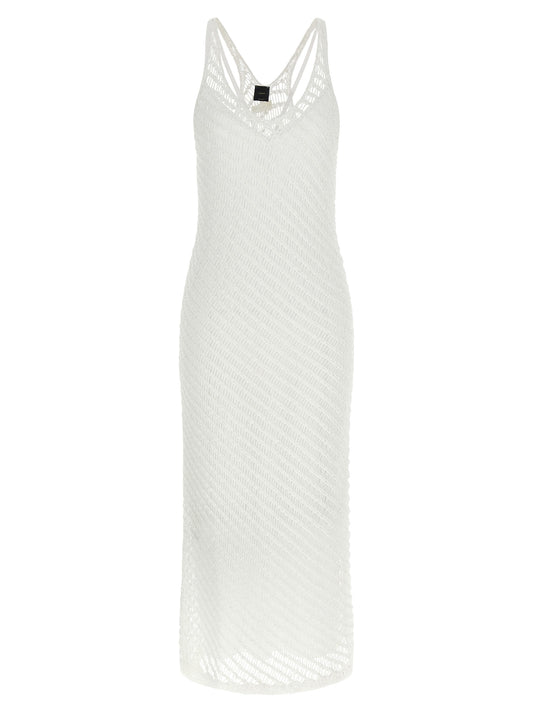 Dress by PINKO for women in viscose & polyester sequins white features a dramatic silhouette, showcasing an elegant v-neck neckline and sleeveless that flows into a dramatic long.
