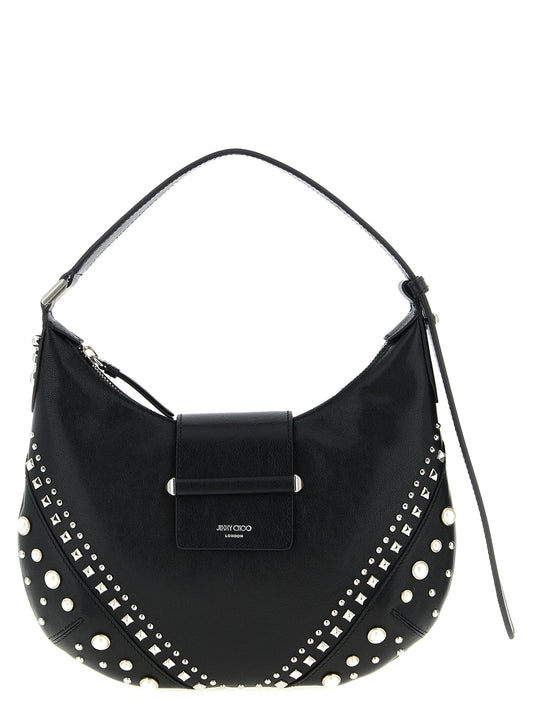Shoulder Hobo Bag by Jimmy Choo for women in leather & brass white showcases a statuesque silhouette, artfully detailed with a secure buckle, organized , and versatile shoulder-strap, adjustable-strap & handle for a statuesque look.
