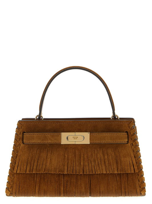 Mini Handbag by Tory Burch for women in leather & metal brown features a refined silhouette, showcasing a secure snap & buckle, organized built-in-compartments, and versatile adjustable-strap & handle for a refined finish.