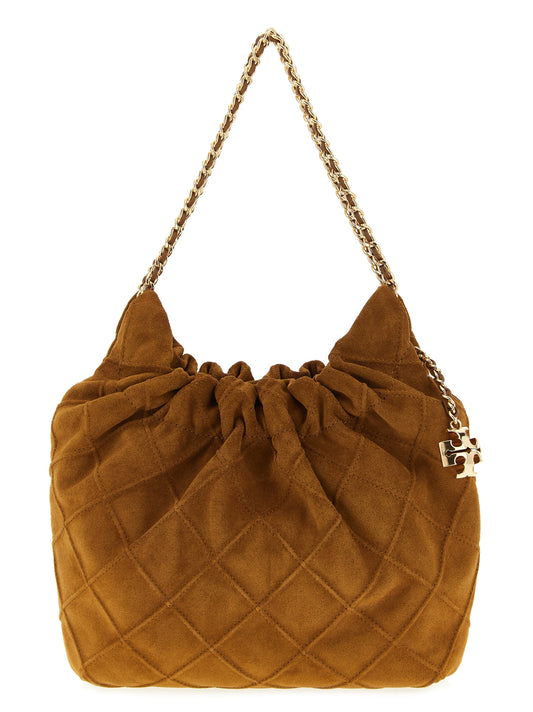 Mini Handbag by Tory Burch for women in leather & metal brown & patterned features a signature silhouette, showcasing a secure magnetic and signature with versatile shoulder-strap & handle for a sophisticated look.