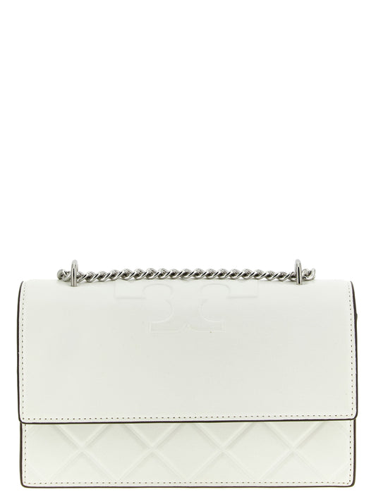 Small Crossbody Flap Handbag by Tory Burch for women in viscose & synthetic fur white & patterned features a multifaceted silhouette, showcasing a secure flap and multifaceted with versatile crossbody-strap & shoulder-strap for multifaceted style.
