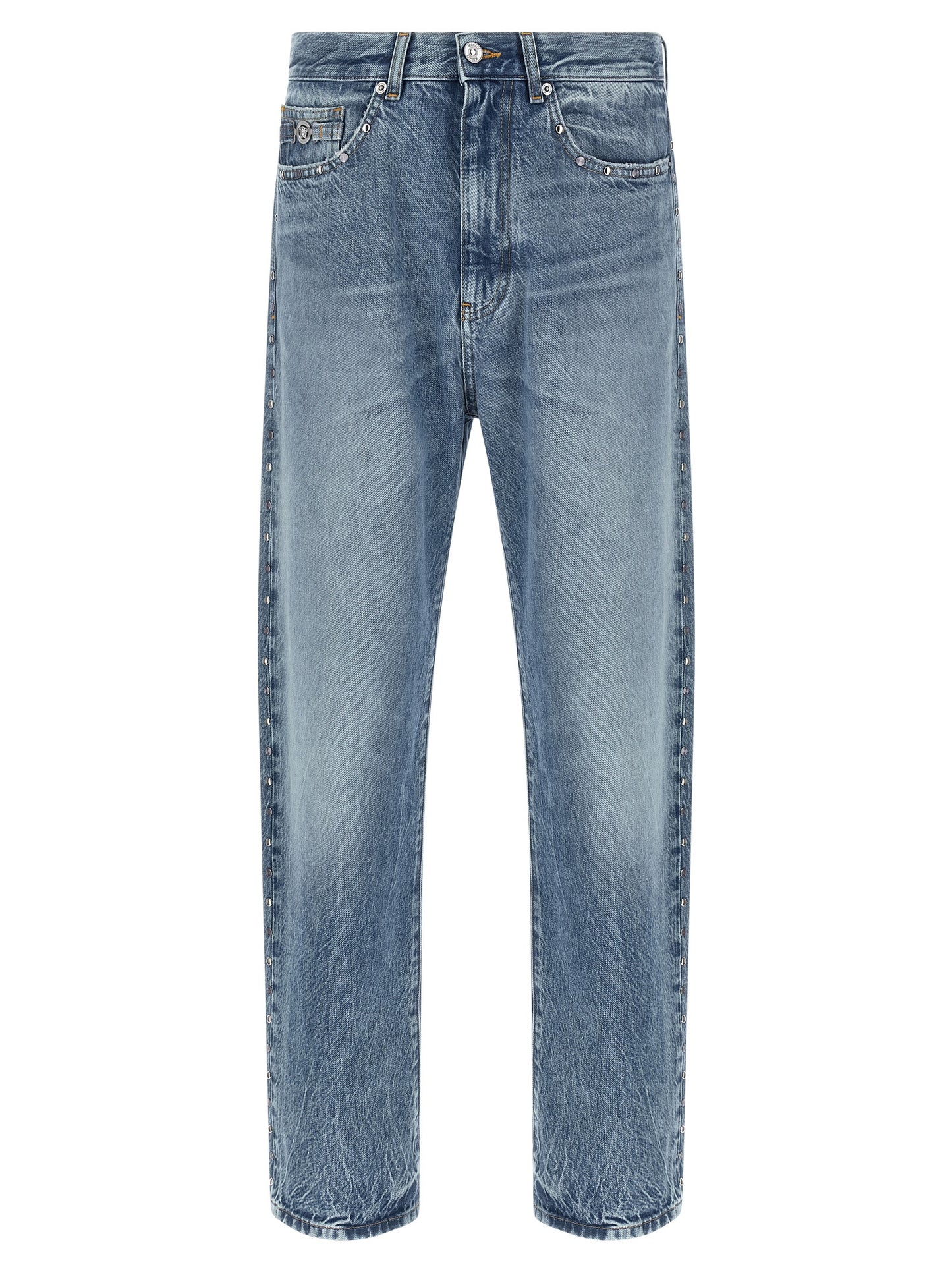 Jeans by Versace for men in denim cotton blue presents a tailored silhouette, showcasing a tailored straight-leg and long cut with a refined for a truly tailored aesthetic.