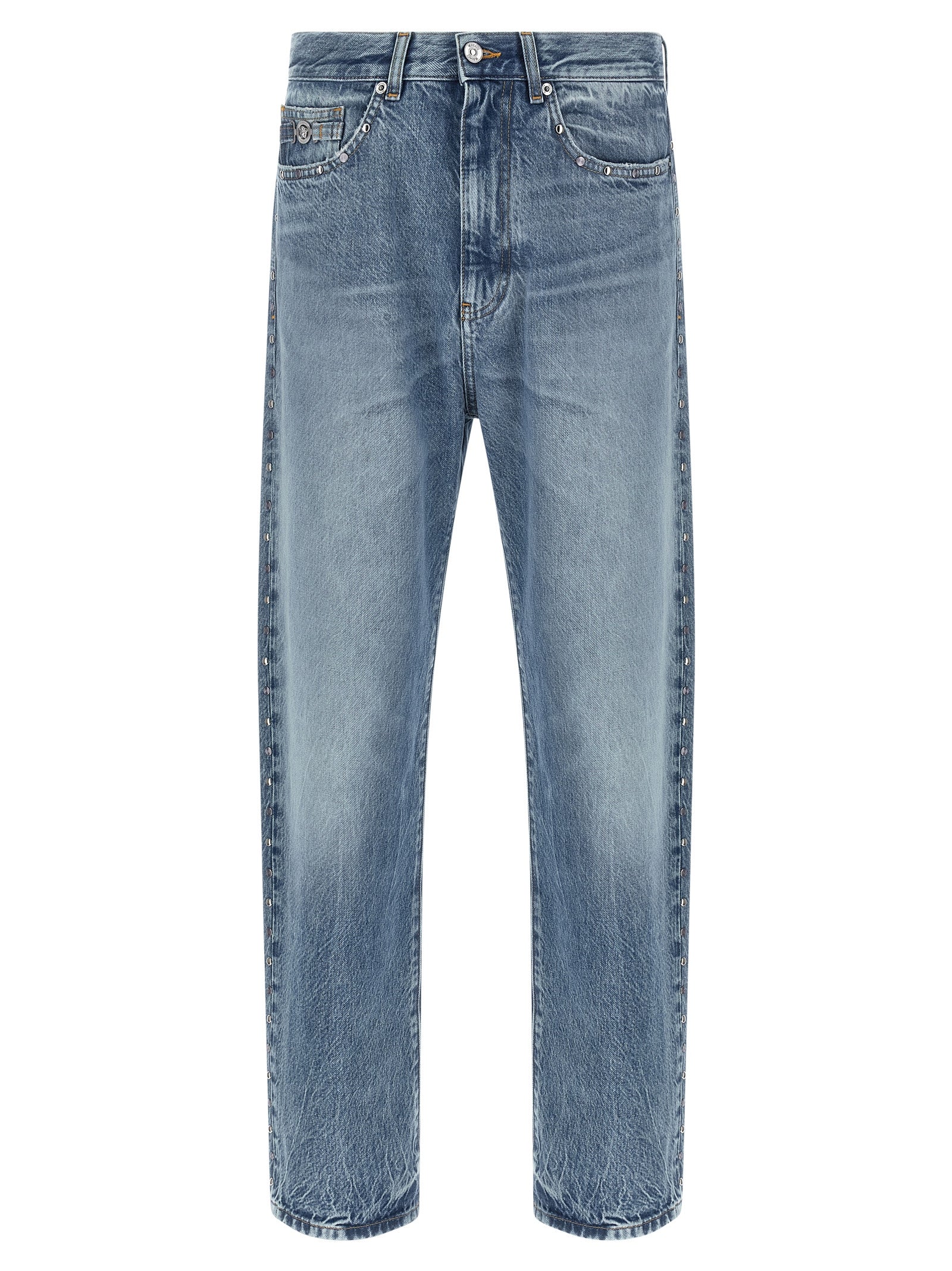 Jeans by Versace for men in denim cotton blue presents a tailored silhouette, showcasing a tailored straight-leg and long cut with a refined for a truly tailored aesthetic.