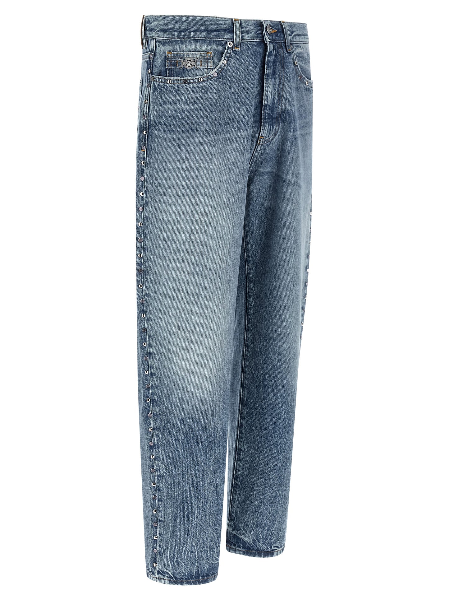 Jeans by Versace for men in denim cotton blue features an refined tailoring silhouette, showcasing a premium straight-leg with a and long cut for a refined tailoring look.
