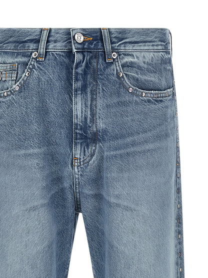 Jeans by Versace for men in denim cotton blue presents a refined pantology silhouette, artfully defined by a refined pantology straight-leg, long, and a sophisticated .